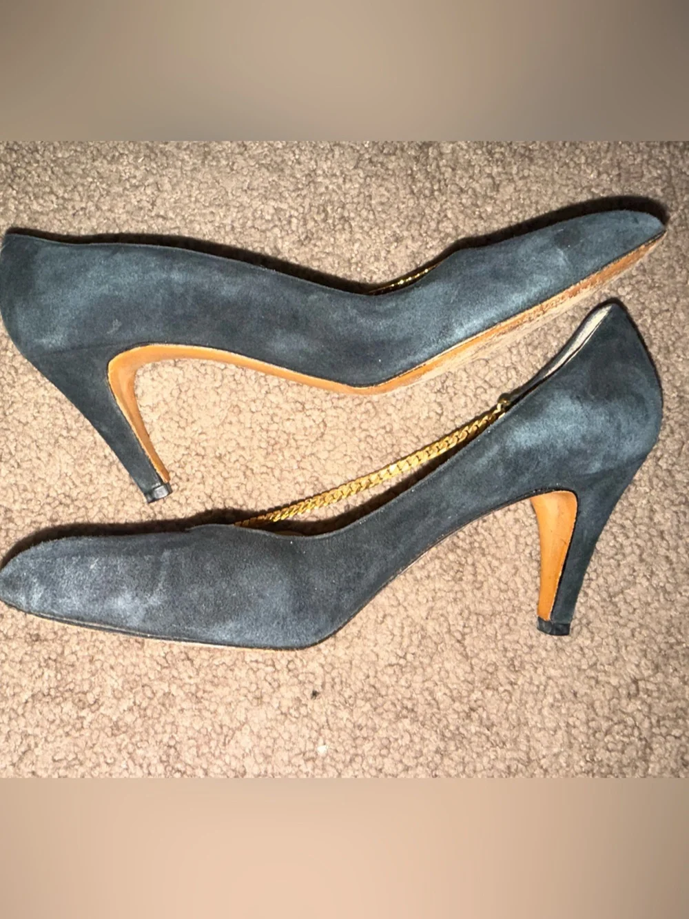 Black Suede Pointed-Toe Pumps with Gold Chain Accent